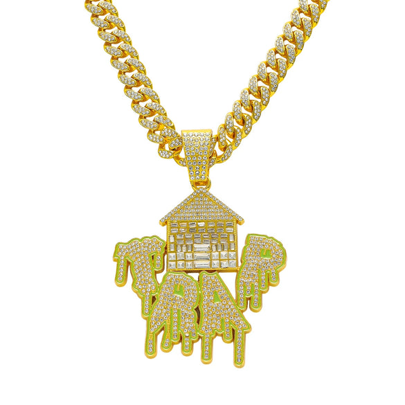 Men's Hiphop Style Zinc Alloy Cuban Chain Pendant Necklace With Diamond Pattern And Electroplating