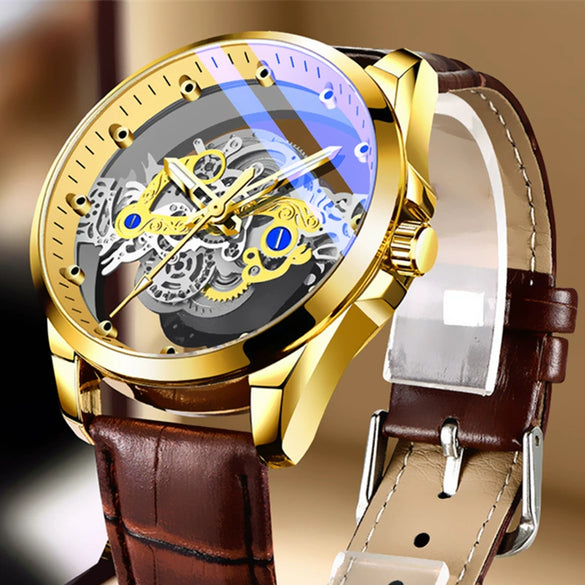 Men's Hollow Transparent Automatic Watch Alloy Stainless Steel Round Waterproof Luminous Leisure Style