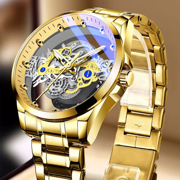 Men's Hollow Transparent Automatic Watch Alloy Stainless Steel Round Waterproof Luminous Leisure Style