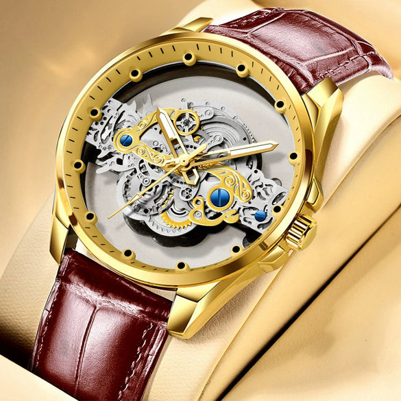 Men's Hollow Transparent Automatic Watch Alloy Stainless Steel Round Waterproof Luminous Leisure Style