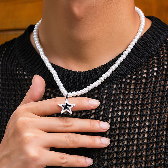 Men's Jewelry Alloy Imitation Pearl Pearl Chain Handmade Geometric Fivepointed Star Necklace