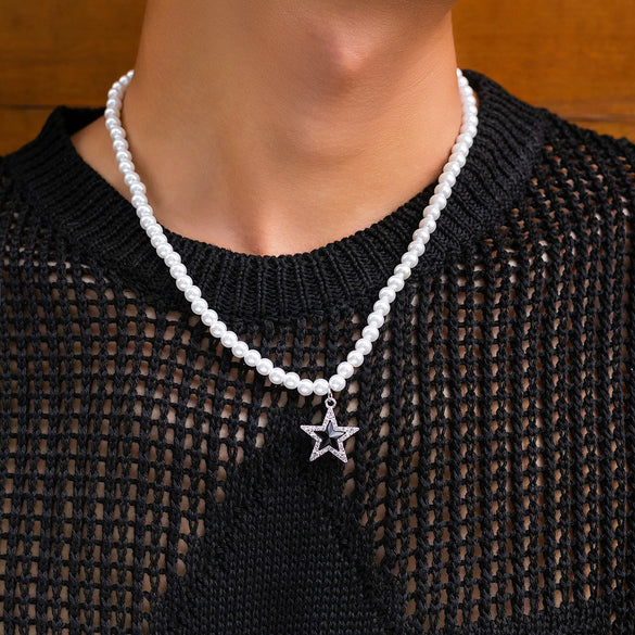 Men's Jewelry Alloy Imitation Pearl Pearl Chain Handmade Geometric Fivepointed Star Necklace