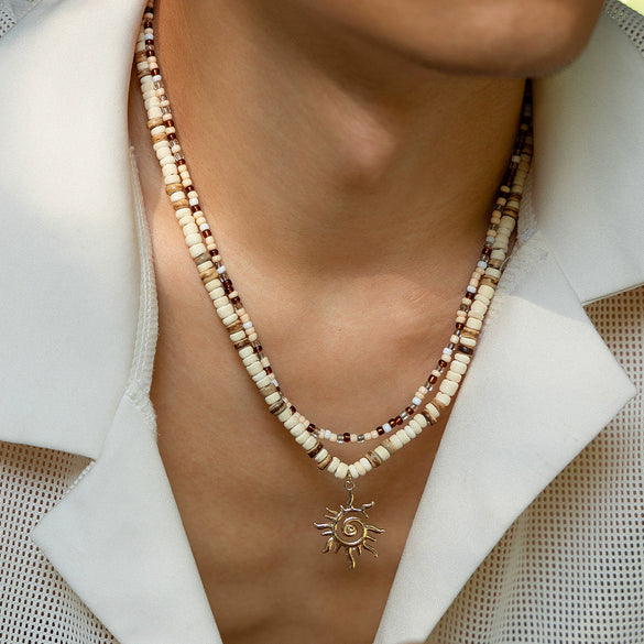 Men's Jewelry Beaded Necklace With Alloy Sun Pendant Geometric Pattern Handmade Coconut Shell Rice Beads
