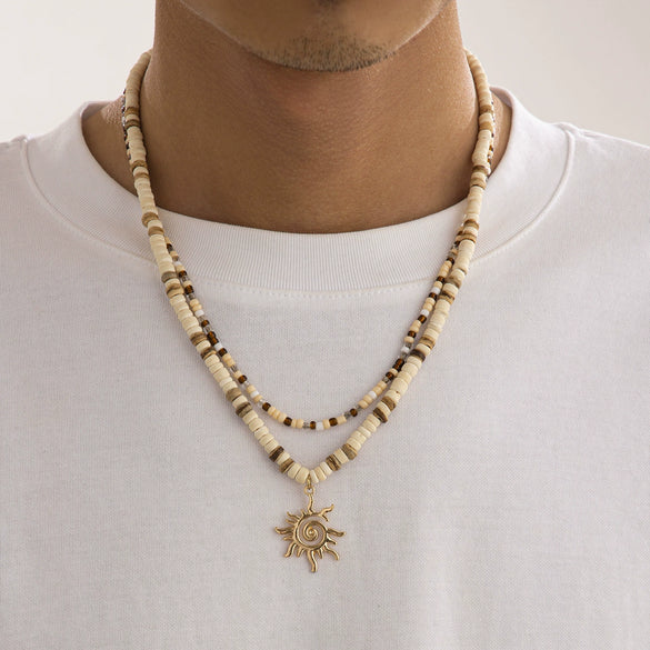 Men's Jewelry Beaded Necklace With Alloy Sun Pendant Geometric Pattern Handmade Coconut Shell Rice Beads
