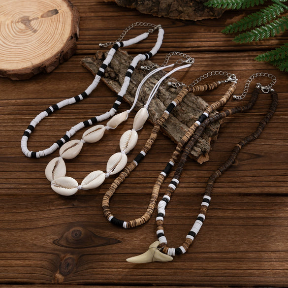 Men's Jewelry Coconut Beaded Shell Necklace With Shark Tooth Pendant Acrylic Polymer Clay Handmade