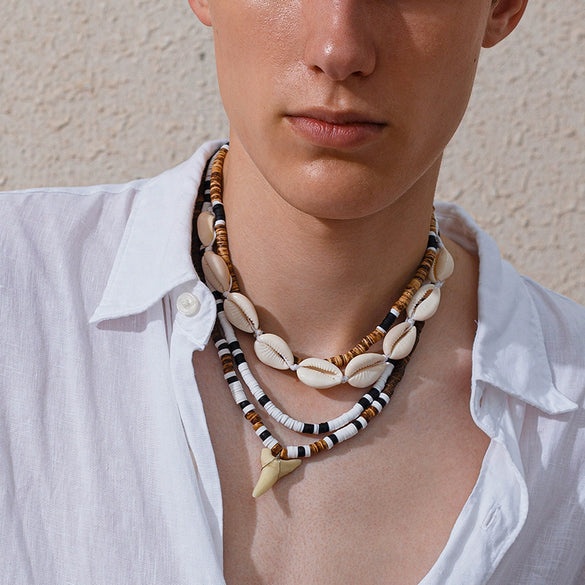 Men's Jewelry Coconut Beaded Shell Necklace With Shark Tooth Pendant Acrylic Polymer Clay Handmade