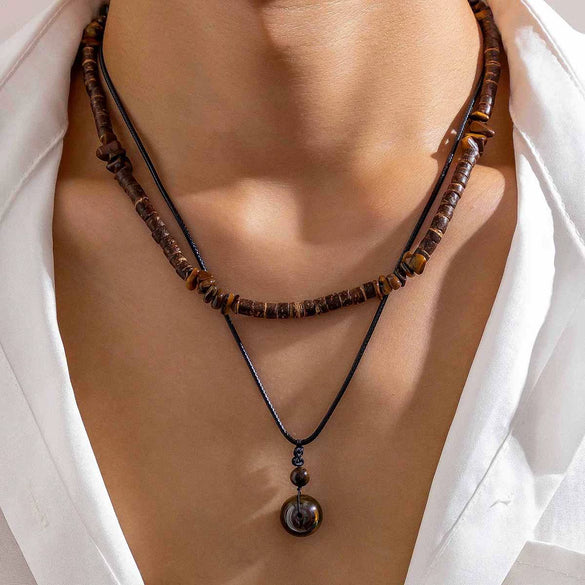Men's Jewelry Coconut Shell Turquoise Leather Wax Thread Wood Mixed Gem Inlay Geometric Handmade Necklace Set