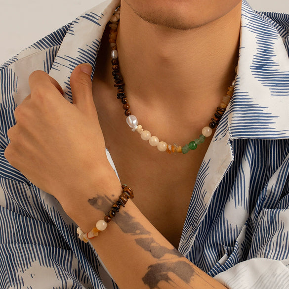 Men's Jewelry Handmade Imitation Pearl And Organic Glass Geometric Beaded Necklace And Bracelet
