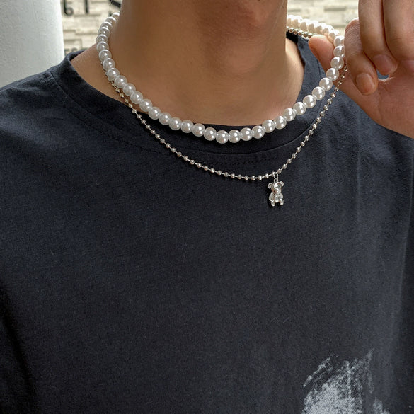 Men's Jewelry Pearl Alloy Bear Animals Zodiac Ball Chain Necklace