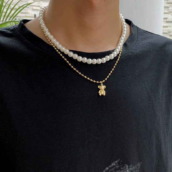 Men's Jewelry Pearl Alloy Bear Animals Zodiac Ball Chain Necklace