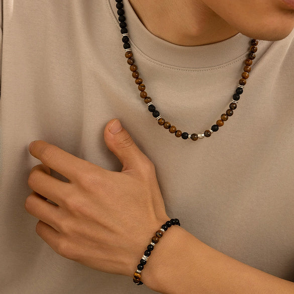Men's Jewelry Volcanic Stone Beaded Necklace With Artificial Crystal And Alloy Handmade Geometric Design