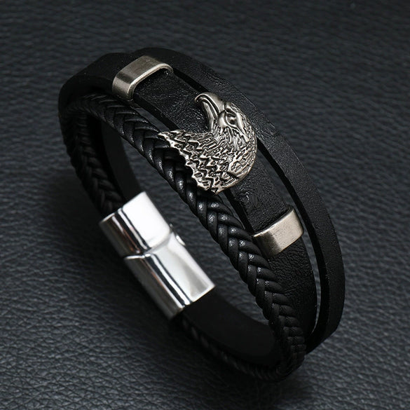 Men's Leather And Alloy Bracelet With Eagle Pattern Braided Rope Design Magnetic Buckle Electroplated