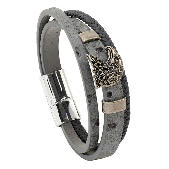 Men's Leather And Alloy Bracelet With Eagle Pattern Braided Rope Design Magnetic Buckle Electroplated