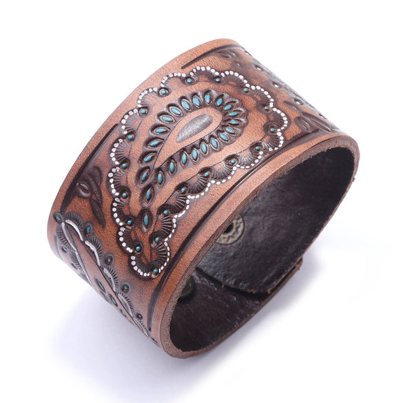 Men's Leather Bracelet Geometric Pattern Embossed Painted Oil Fuel Injection Punk Hiphop Fashion Style