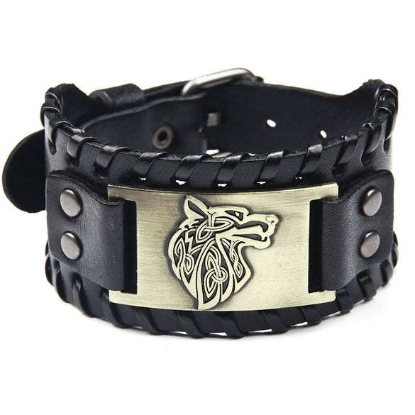 Men's Leather Bracelet With Wolf Head Alloy Accessories Handmade Animals Zodiac Style