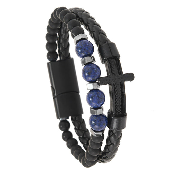 Men's Leather Braided Punk Style Bracelet With Zinc Alloy And Natural Stone Beads And Cross Geometric Pattern