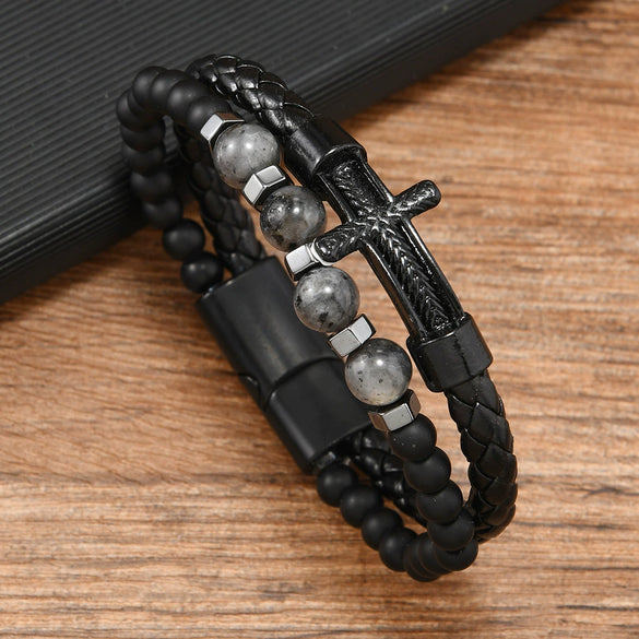 Men's Leather Braided Punk Style Bracelet With Zinc Alloy And Natural Stone Beads And Cross Geometric Pattern