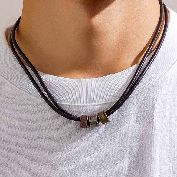Men's Leather Geometric Knotted Ring Necklace Handmade Alloy Pendant Regular Chain Hip Hop Niche High Grade Beaded Clavicle Chain Accessories