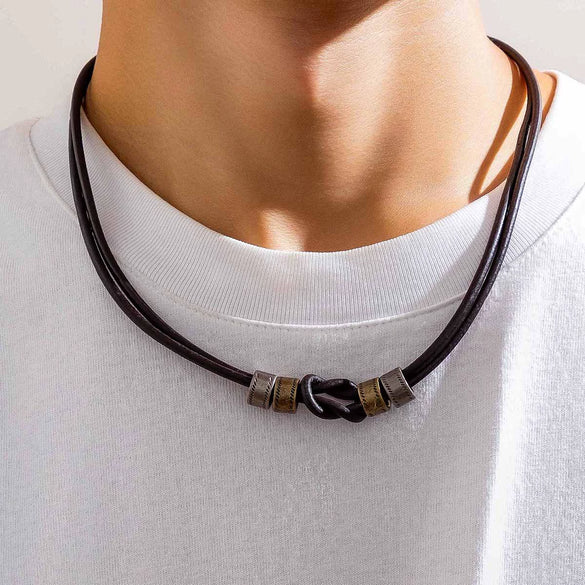 Men's Leather Geometric Knotted Ring Necklace Handmade Alloy Pendant Regular Chain Hip Hop Niche High Grade Beaded Clavicle Chain Accessories