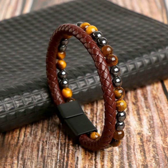 Men's Leather Handmade Multilayer Braided Magnetic Material Geometric Electroplated Bracelet