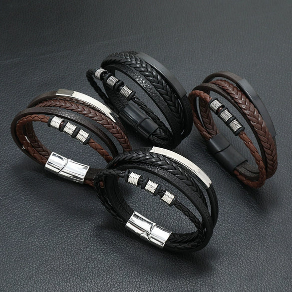 Men's Leather Woven Bracelet With Alloy Magnet Buckle Retro Geometric Handmade Style