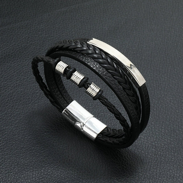Men's Leather Woven Bracelet With Alloy Magnet Buckle Retro Geometric Handmade Style
