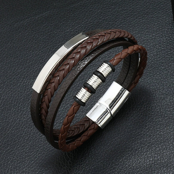 Men's Leather Woven Bracelet With Alloy Magnet Buckle Retro Geometric Handmade Style