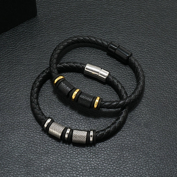 Men's Leather Woven Bracelet With Alloy Magnet Buckle