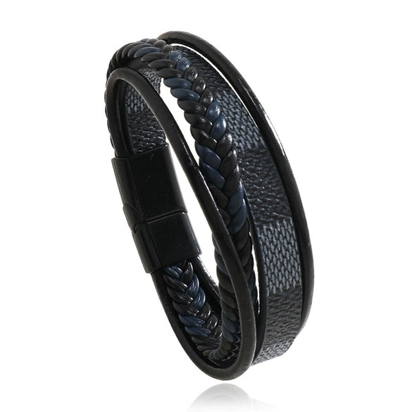 Men's Leather Woven Punk Style Handmade Bracelet With Striped Alloy Magnet Buckle