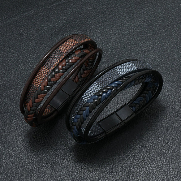 Men's Leather Woven Punk Style Handmade Bracelet With Striped Alloy Magnet Buckle