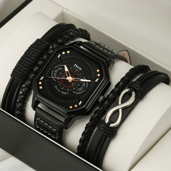 Men's Leisure Alloy And Imitation Leather Square Dial Quartz Watch Bracelet Set