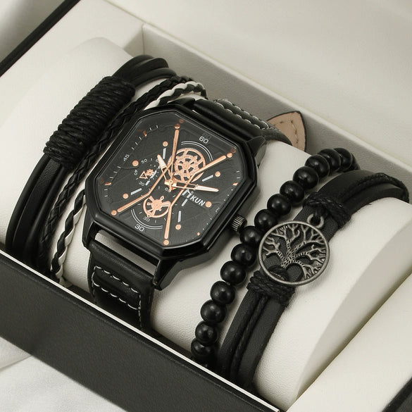 Men's Leisure Alloy And Imitation Leather Square Dial Quartz Watch Bracelet Set