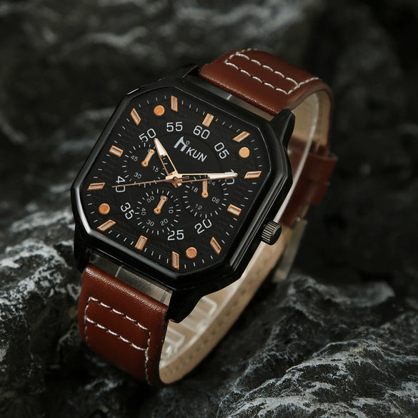 Men's Leisure Alloy And Imitation Leather Square Dial Quartz Watch Bracelet Set