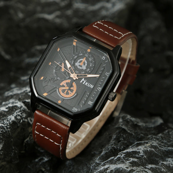 Men's Leisure Alloy And Imitation Leather Square Dial Quartz Watch Bracelet Set