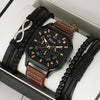 Men's Leisure Alloy And Imitation Leather Square Dial Quartz Watch Bracelet Set
