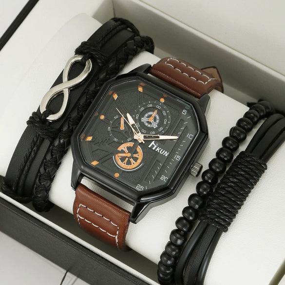 Men's Leisure Alloy And Imitation Leather Square Dial Quartz Watch Bracelet Set