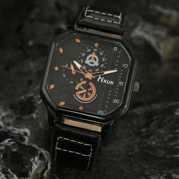 Men's Leisure Alloy And Imitation Leather Square Dial Quartz Watch Bracelet Set