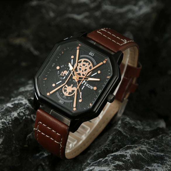 Men's Leisure Alloy And Imitation Leather Square Dial Quartz Watch Bracelet Set