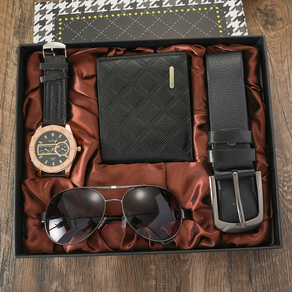 Men's Leisure Alloy And Pu 6Piece Set With Round Dial Watch Belt Pen Necklace Perfume And Charging Treasure