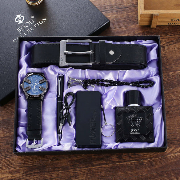 Men's Leisure Alloy And Pu 6Piece Set With Round Dial Watch Belt Pen Necklace Perfume And Charging Treasure