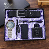 Men's Leisure Alloy And Pu 6Piece Set With Round Dial Watch Belt Pen Necklace Perfume And Charging Treasure