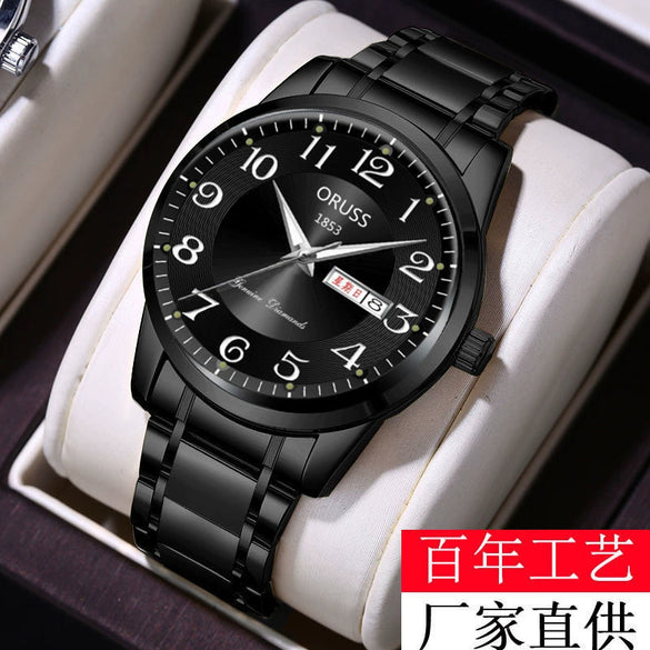 Men's Leisure Alloy Watch With Round Dial Mineral Strengthened Glass Mirror Single Folding Buckle Spiral Crown Fully Automatic Movement Double Calendar Luminous And Waterproof