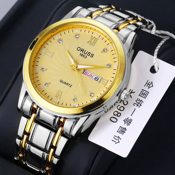 Men's Leisure Alloy Watch With Round Dial Mineral Strengthened Glass Mirror Single Folding Buckle Spiral Crown Fully Automatic Movement Double Calendar Luminous And Waterproof