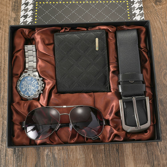 Men's Leisure Gift Set With Alloy Case Imitation Leather Strap Wallet Belt Glasses Watch Round Dial Pin Buckle Stainless Steel Buckle