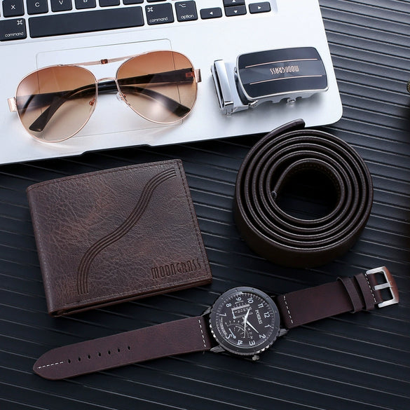 Men's Leisure Gift Set With Alloy Case Imitation Leather Strap Wallet Belt Glasses Watch Round Dial Pin Buckle Stainless Steel Buckle