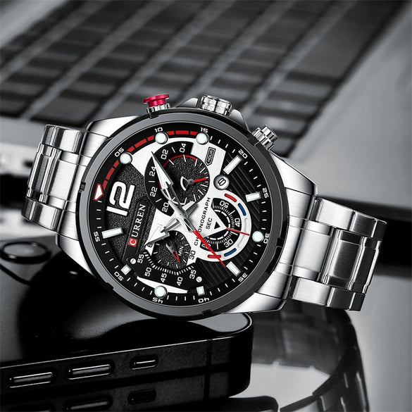 Men's Leisure Metal And Stainless Steel Band Round Dial Quartz Multifunctional Luminous Wristwatch