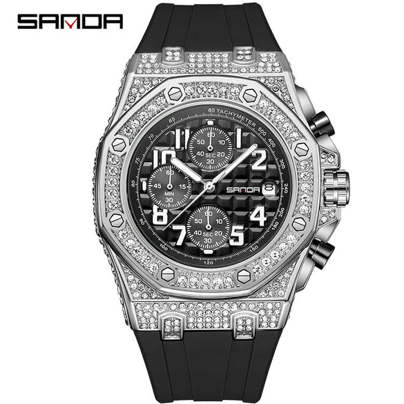 Men's Leisure Silicone Quartz Watch With Alloy Case Tpu Strap Stainless Steel Clasp Round Diamond Dial And Calendar Three Eyes And Six Needles