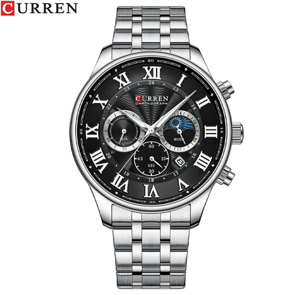 Men's Leisure Steel Band Quartz Calendar Chronograph Watch With Round Dial