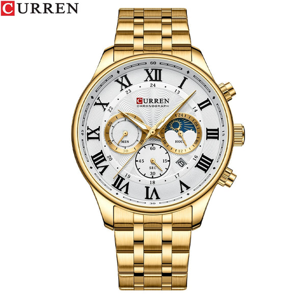 Men's Leisure Steel Band Quartz Calendar Chronograph Watch With Round Dial