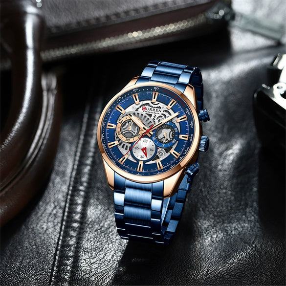 Men's Leisure Steel Band Quartz Multifunctional Luminous Round Dial Watch